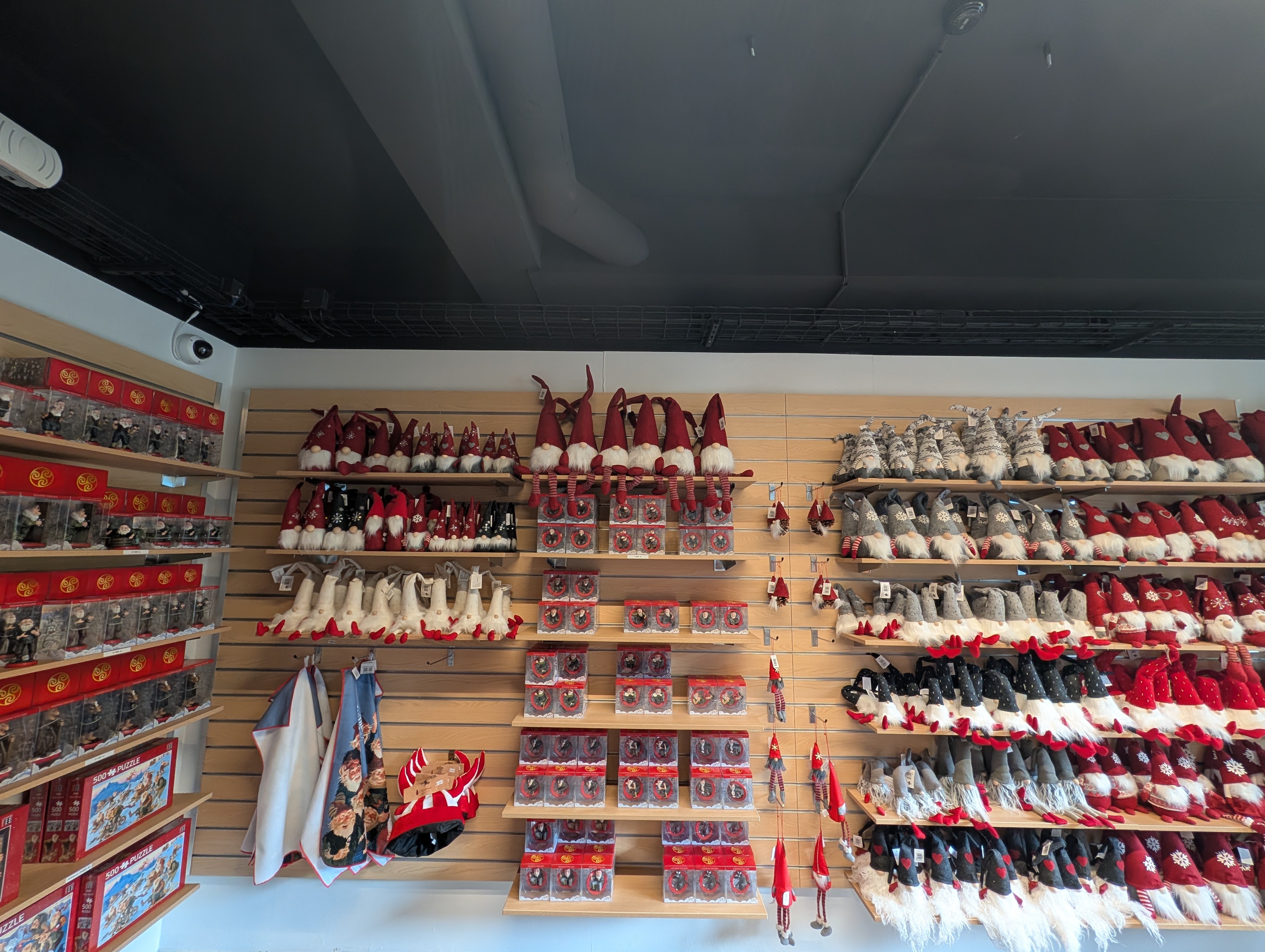 A retail display featuring a variety of decorative gnomes and holiday ornaments, arranged on shelves. Products include gnome figurines in red and white, plush holiday decorations, gift boxes, and puzzles, all set against a minimalistic background.