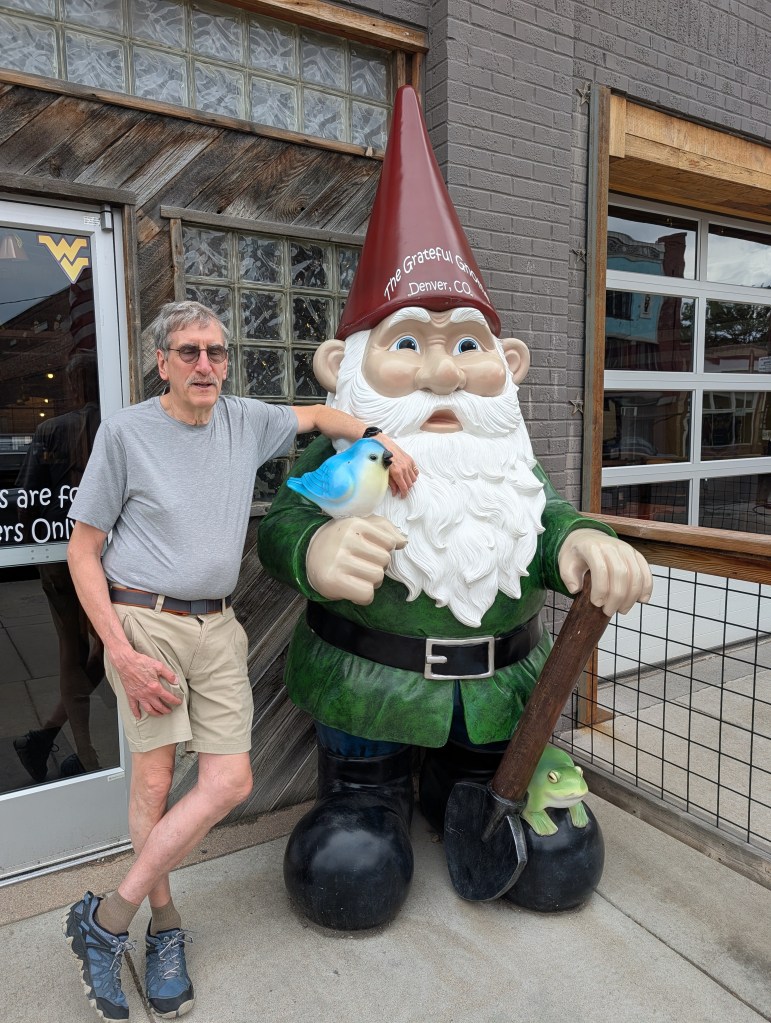 An elderly man in a gray shirt and beige shorts stands next to a large garden gnome statue with a green outfit, holding a shovel, and a small frog at its feet. The gnome has a red hat and a white beard, and a blue bird is perched on its arm.